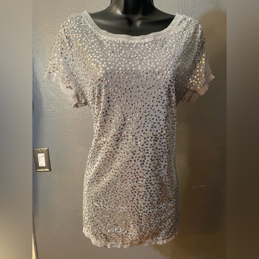INC Semi sheer silver sequin short sleeve top